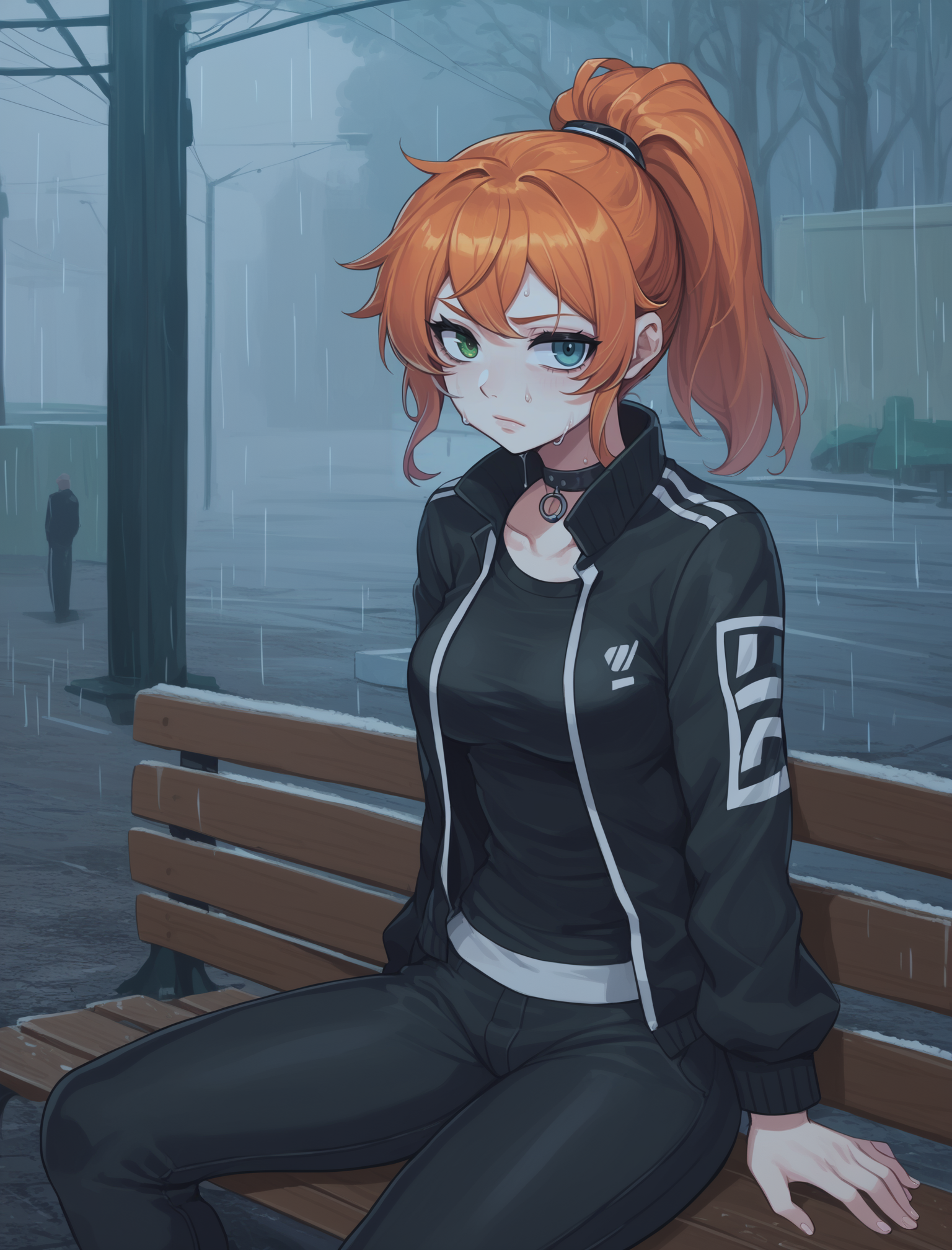 score_9, score_8_up, score_7_up, source_anime source_furry BREAK 1girl, <lora:AnimeIRL XL Anzhc:1> animeirl,ginger hair in high ponytail,long hair,  heterochromia eyes, green eyes, blue eyes, slim body, medium breasts, choker, wearing bomber jacket,sweat pants,punk,  <lora:IncaseLycoXL:0.45>,bench, sitting, rain,