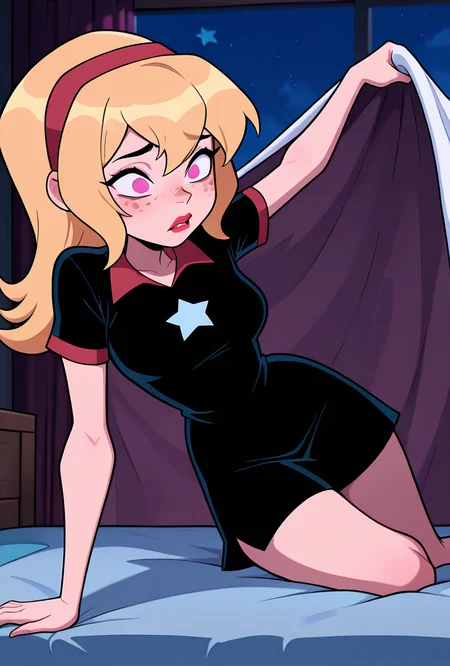 ((cartoon, screencap)), <lora:lucybig:1>, solo, lucybig, long hair, blonde hair, red hairband, pink eyes, lipstick, short sleeves, star (symbol), short dress, black dress, freckles, dynamic pose, leaning on bed, scared, covered in blankets, night time, on bed, masterpiece, best quality, amazing quality, very aesthetic, absurdres, newest,