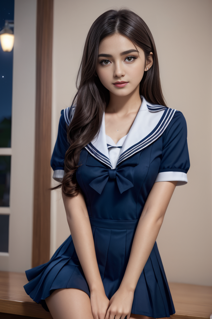 <lora:SH_ModelV2:0.8>, (night:1.5),(skinny legs:1.1), ultra realistic,32k, (masterpiece:1.2), (high detailed skin:1.1), 8k uhd, dslr, high quality, long hair, school uniform, sailor dress, blue dress,