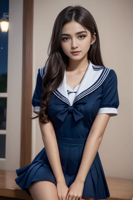 <lora:SH_ModelV2:0.8>, (night:1.5),(skinny legs:1.1), ultra realistic,32k, (masterpiece:1.2), (high detailed skin:1.1), 8k uhd, dslr, high quality, long hair, school uniform, sailor dress, blue dress,