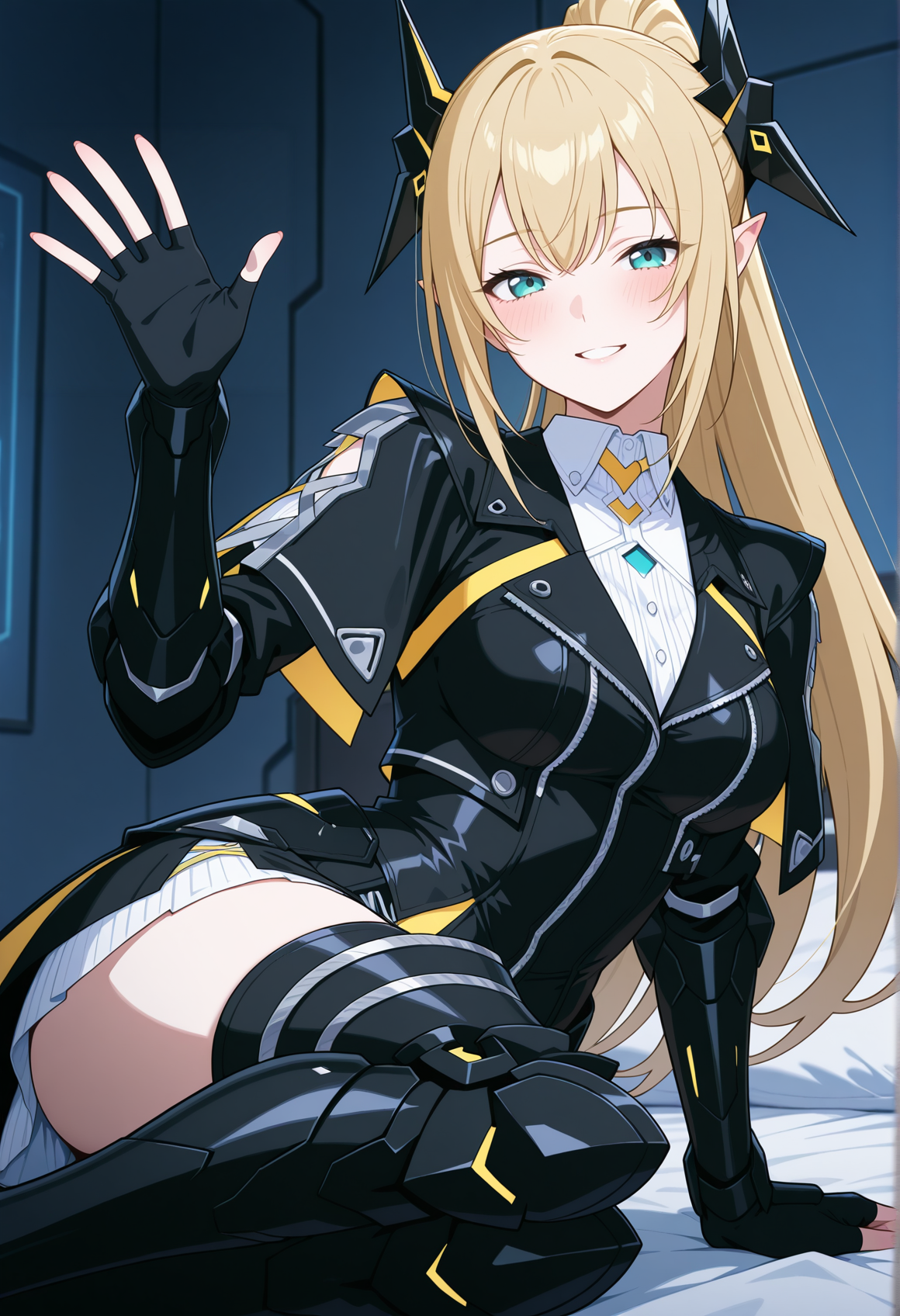 anime screencap, anime coloring, armored boots, 1girl, ponytail, science fiction, blonde hair, aqua eyes, long hair, hair ornament, pointy ears, official alternate costume, short dress, fingerless gloves, smile, waving, lying, on bed, seductive smile, blush, on side, looking at viewer, indoors, bedroom, looking at viewer,  <lora:Manon_pso:0.8>, masterpiece, best quality, amazing quality, very aesthetic, absurdres, highres, newest