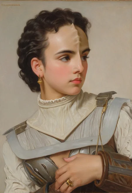 an oil painting portrait of a (female kling0n alien) standing by WllBgr, {forehead ridges, brown skin, nose ridges, large eyebrows, leather corset armor), side view, simple background, black hair, earrings, necklace, upper body, ring, william bouguereau,
=