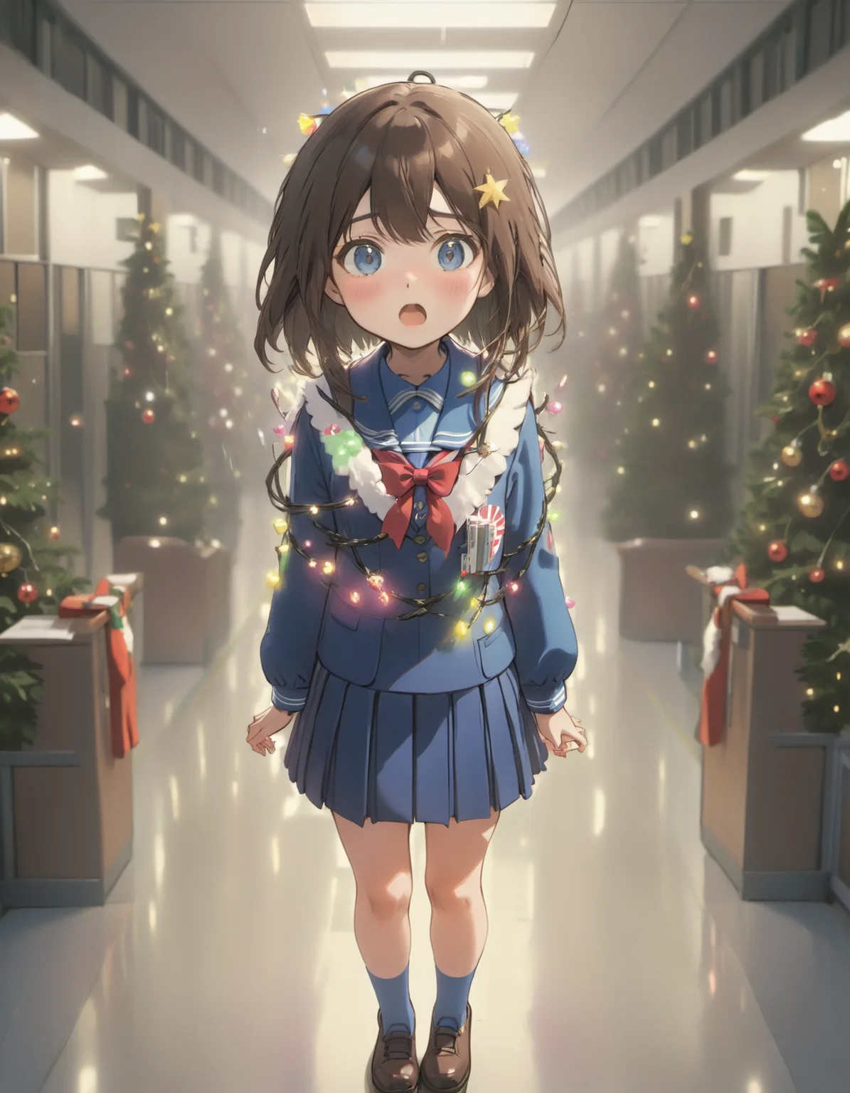 instant christmas, anime style, a cute japanese schoolgirl, brown hair, in a blue school uniform, standing in the school hallway, (shocked surprised expression:1.1)