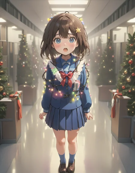 instant christmas, anime style, a cute japanese schoolgirl, brown hair, in a blue school uniform, standing in the school hallway, (shocked surprised expression:1.1)