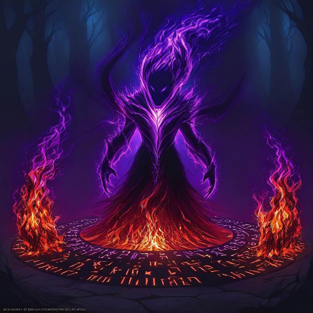 swirling vortex of shadow flames, purple and black energy, glowing runes, dark tendrils, misty moonlit forest, highly detailed, dark fantasy style, atmospheric