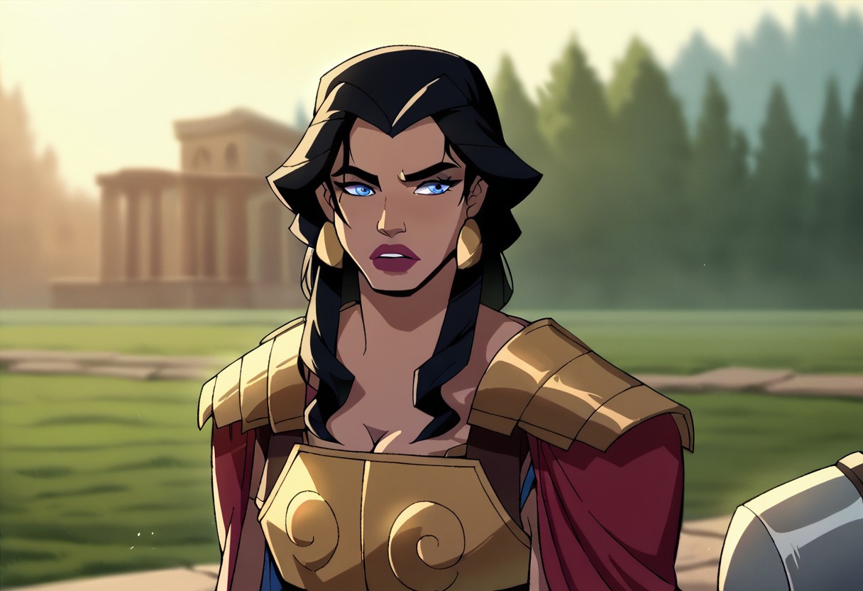 score_9, score_8_up, score_7_up, hippolyta, long hair, blue eyes, black hair, makeup, lipstick, armor, jewelry, earrings, greek dress, cleavage, 1woman