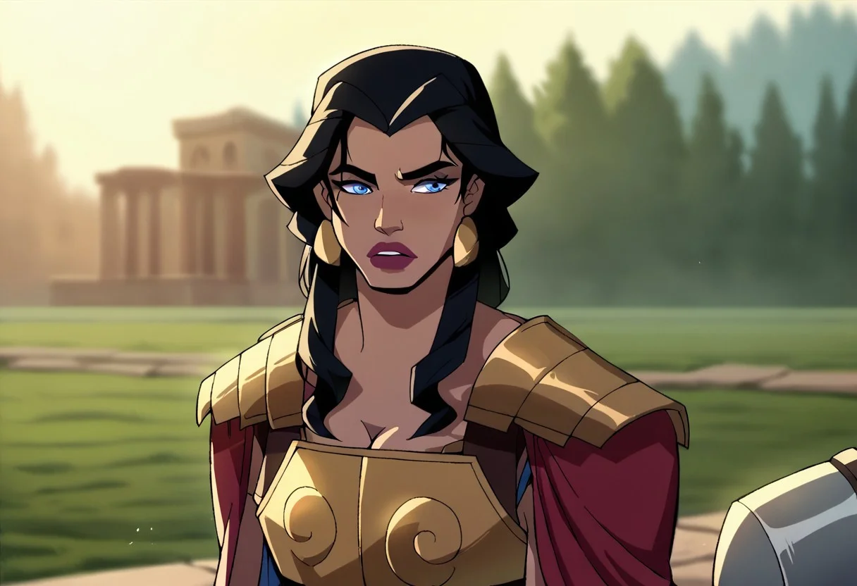 score_9, score_8_up, score_7_up, hippolyta, long hair, blue eyes, black hair, makeup, lipstick, armor, jewelry, earrings, greek dress, cleavage, 1woman