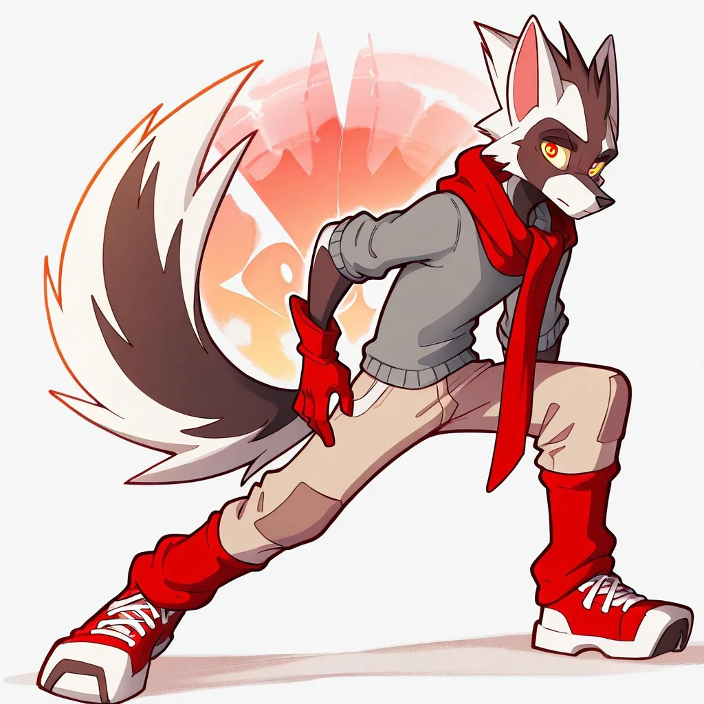 Bast, 1boy, solo, furry, spiky hair, wolf's tail with dark brown-white stripe patterns, got yellowish eyes and red-orange pupils, long red scarf around neck, gray sweater, red gloves, beige pants with red legwarmers/socks, white fabric shoes triangular in shape,