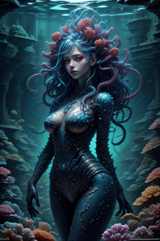 at distance,cowboy shot,posing,flirting,[playful gaze, smirking,radiant smile:1.1],1girl,complex background,complex stuff,<lora:Concept_-_Hella-sthetic_v2:0.7>,<lora:Underwater_world:0.7>,bioluminescence,underwater world,fantastic sea creatures,mermaids,watercraft,tentacles,coral,organisms and other marine life,fantastic and mythical sea creatures,, intricate, elegant, highly detailed, symmetry, magical atmosphere, sharp focus, majestic, very coherent, radiant, advanced, cinematic, artistic, fine detail, winning, beautiful, stunning, dramatic light, designed, rich deep colors, perfect professional background, ambient, tailored set composition