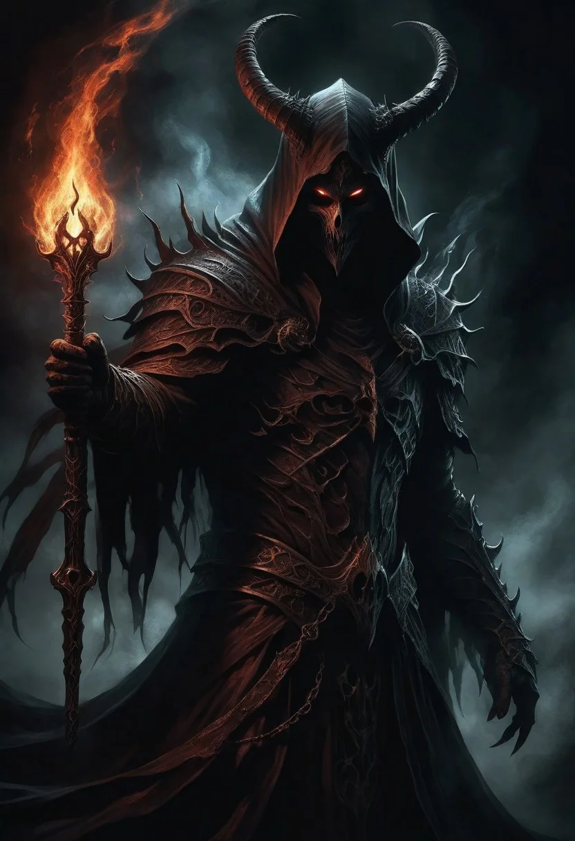 chiaroscuro, dark, a lone stygical reaper of night, tendrils of black sweep around to create a cloak of deep darkness, curling fog like ethereal serpents reach out to him as if to swallow him whole, detailed intricate black gothic armor adorns his body, a hood obscures his face and eyes in black, deep shadows accompany him like phantoms, red accented glowing red runes kiss his frame, horns, (wielding a flaming sword), low-key, DonM3v1lM4dn355XL
