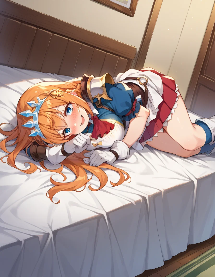 score_9, score_8_up, score_7_up, source_anime,
pecorine, <lora:pecorine-ponyxl-lora-nochekaiser:1>
pecorine, blue eyes, hair ornament, long hair, orange hair, tiara, braid, hair braid, smile, mature female,
arm belt, armor, ascot, blue socks, boots, dress, gloves, hair ornament, open clothes, open dress, pauldrons, pleated skirt, puffy short sleeves, puffy sleeves, red ascot, red skirt, short sleeves, shoulder armor, single pauldron, skirt, socks, white dress, white footwear, white gloves,
indoors, bed, bed room, on side, blush, drunk,
looking at viewer, dutch angle, cowboy shot