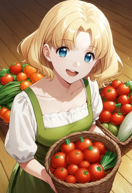 score_9, score_8_up, score_7_up, source_anime, maria campbell, blonde hair, short hair, blue eyes, 1girl, solo, radish, tomato, vegetable, smile, open mouth, looking at viewer, basket, food, carrot, wooden floor