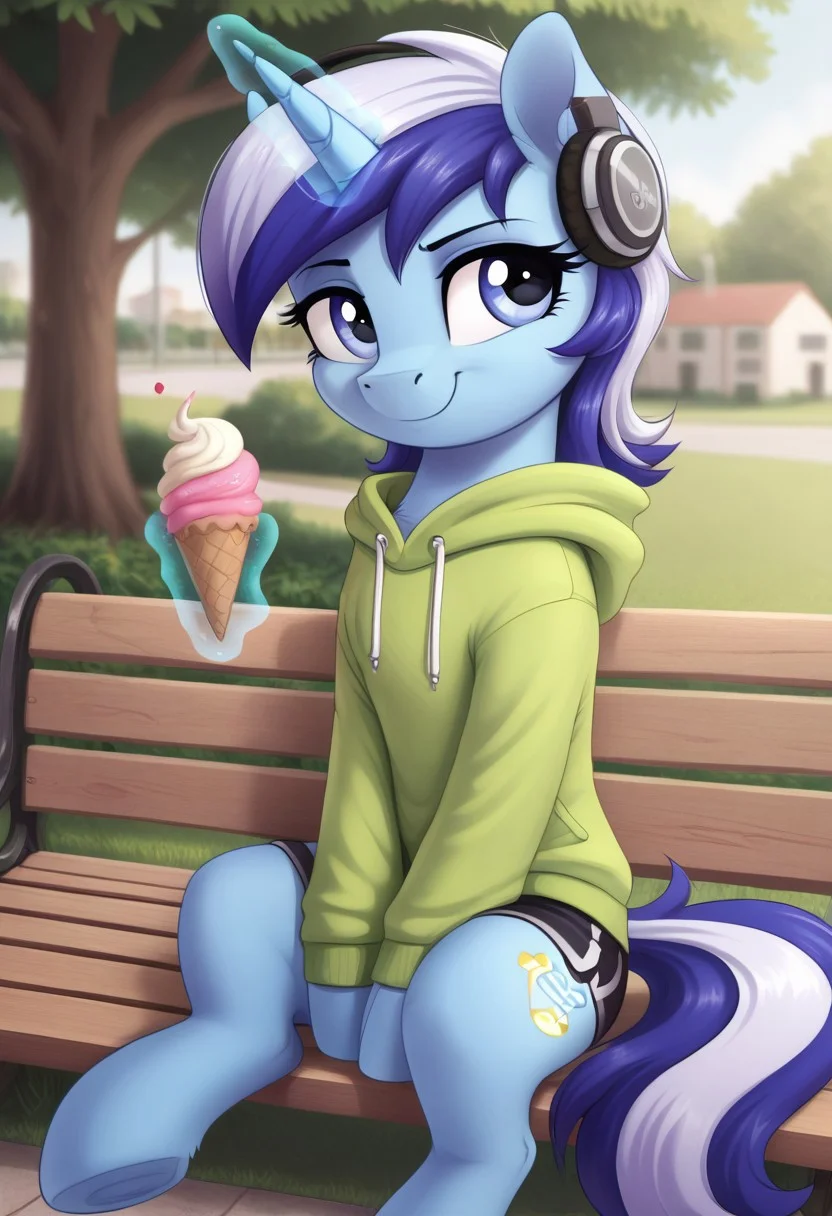 score_9, score_8_up, score_7_up, score_6_up, score_5_up, score_4_up, g4, solo, pony, feral pony, minuette, hoodie, hood, shorts, headphones, park, sit, bench, ice cream, magic, happy, smile, cute, glare, high res, detailed face