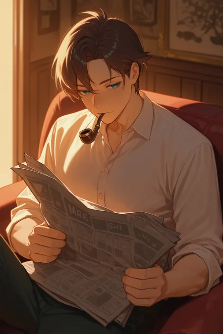 masterpiece, best quality, absurdres, safe
1boy, smoking pipe, mouth hold, holding newspaper, sitting
<lora:smoking_pipe_detective_il_1_d16:1>
