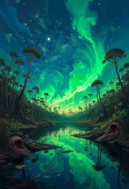 oil painting of
The silent expanse of a Wetlands fen, where the night sky is reflected in still waters. A green aurora weaves through the stars, its reflection mingling with the lights below.,
in the style of the decaying empire of WĂĽrstreich, dark magic and grotesque creatures abound, inspired by Sean Aaberg's punk aesthetic, dark fantasy world combines grim landscapes with vibrant, exaggerated colorful art, heroes skirmish monstrous foes in a setting where rebellion, decay, and mysticism intertwine, crafting a unique, immersive vibe
, visible brushstrokes, atmospheric haze, low key, moody lighting,watercolors,DB4RZ, DB4RZ style painting