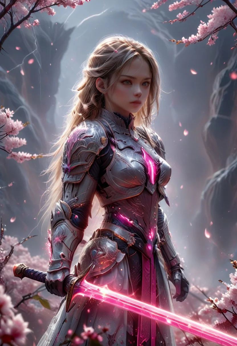 amazing quality, masterpiece, best quality, hyper detailed, ultra detailed, UHD, perfect anatomy, blurry background, outdoor,( cherry blossoms:0.6), fog, studio lighting, bright foreground, face to viewer,
(pink hybrid white) armor, female, holding, sword with ral-elctryzt, ponytail, glowing, shine, dazzling,
<lora:HKStyle:0.85>, HKStyle,
<lora:add-detail-xl:0.75>,
<lora:quality1:0.75>,
<lora:extremely_detailed:1.5>, extremely detailed,
<lora:ral-elctryzt-sdxl:0.6>,