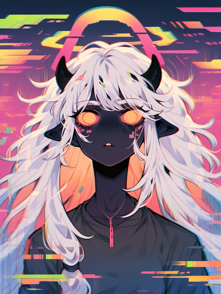 score_9, score_8_up, score_7_up, score_6_up, score_5_up, score_4_up,   <lora:gl1tchXLP:1> gl1tch, 1girl, glitch, portrait, angel, horns, noise,  curvy, pinup,