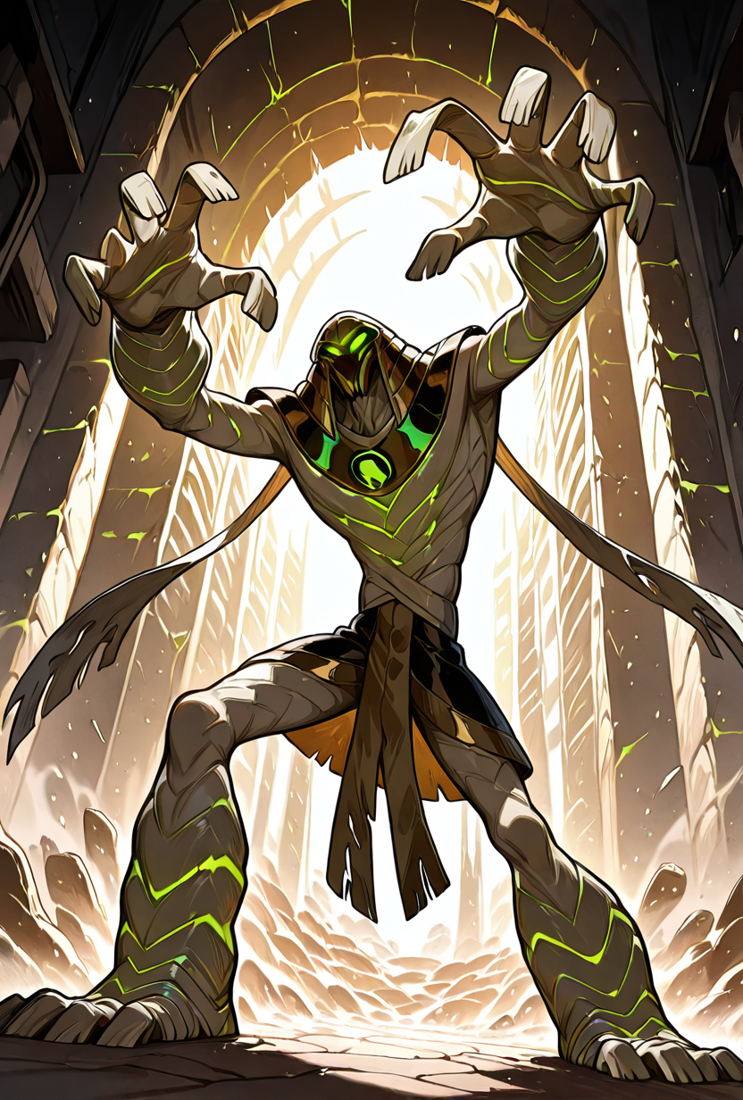 <lora:snareoh-07:1> snareoh, solo, male focus, no humans, 1boy, glowing eyes, green eyes, brown helmet, monster, mask, egyptian clothes,mummy bandages, mummy, massive hands,  Cartoon, dynamic pose, inside egytpian temple, acient ruins,, masterpiece, best quality, amazing quality, very aesthetic, absurdres, newest,