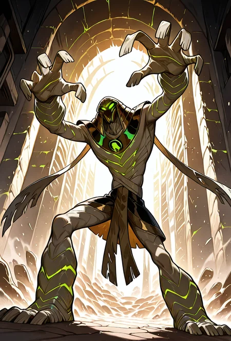 <lora:snareoh-07:1> snareoh, solo, male focus, no humans, 1boy, glowing eyes, green eyes, brown helmet, monster, mask, egyptian clothes,mummy bandages, mummy, massive hands,  Cartoon, dynamic pose, inside egytpian temple, acient ruins,, masterpiece, best quality, amazing quality, very aesthetic, absurdres, newest,