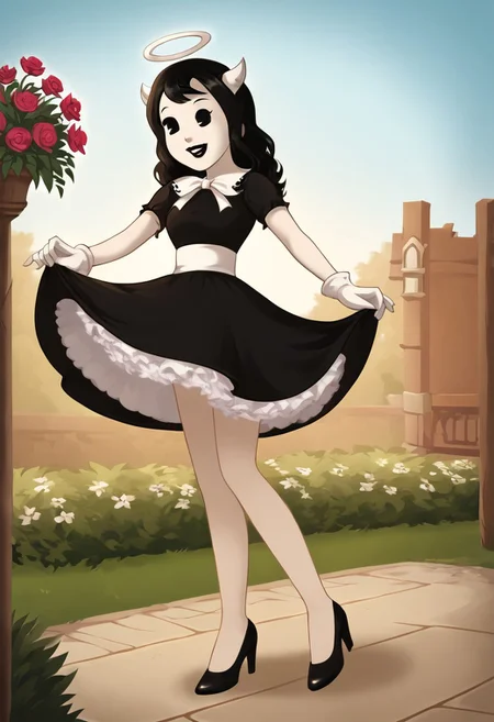 (Masterpiece, best quality:1.2), score_9, score_8_up, flat color, flat shading, soft shading, lighting, Alice Angel in a 1950's dress, a fluffy frilly ruffled full petticoat, and high heels, dress, layered petticoat, frilly petticoat, fluffy petticoat, full petticoat, wide dress, flowing dress, solid colored skirt, short sleeves, black hair, Bendy and The Ink Machine, series accurate, cute, best high quality, high res, black lips, white colored skin, whole body shot, 1girl, solo, outside, posing, in a garden, cute, adorable, smile, skirt tug, ground level angle, dress lift, cartoon, cartoon style, vector, solo, circle dress, 1950s, alice angel