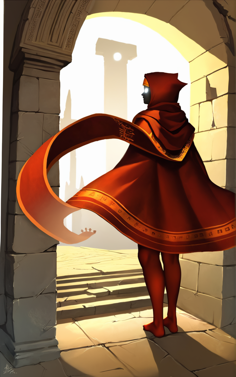 score_9, score_8_up, score_7_up,((masterpiece,best quality)), absurdres,((full body)),<lora:3d-2d:0.8>,   <lora:TravelerSDXL:0.8>,TravelerSDXL,hooded cloak,hood,hood up, robe, black skin,red thighhighs,tall,((scarf,featureless feet,standing)), dessert, ruins,sun,rear view,human,open cloack , wind,headband , golden headband,white eyes,blank eyes,human