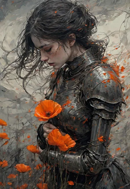 linquivera,coquelicot, beautiful woman, sorrowful expression, faded elegance, poignant atmosphere, lost beauty, melancholic aura, hauntingly captivating, timeless grief, stark contrast, delicate decay,line art,backlighting,wind,backlighting,stardust,(wind:1.2),knight,orange blood