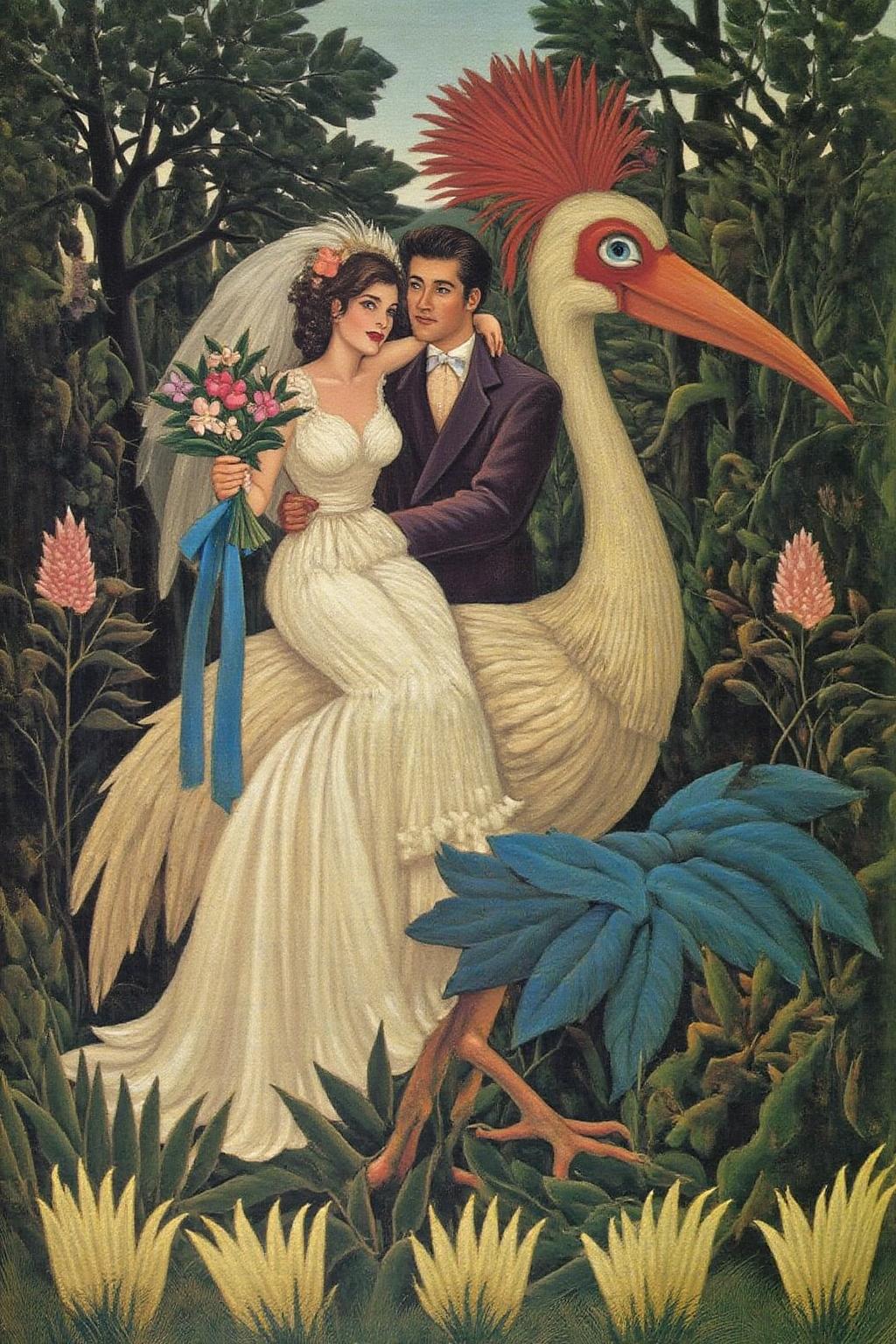 henrou1 painting
A romantic scene with a couple, a woman, and a man, set against a dreamlike, fantastical backdrop. The woman, dressed in a flowing white wedding gown, is seated on the back of a stylized giant bird with a prominent red comb and a blue body. She holds a bouquet of flowers in her left hand and a blue ribbon in her right hand, which is resting on the man's shoulder. The man, dressed in a deep purple suit, embraces her from behind, with his head resting on her shoulder.  <lora:henrou1_jungle_cap_d6a3e14:1.0><lora:817700273804953476:0>