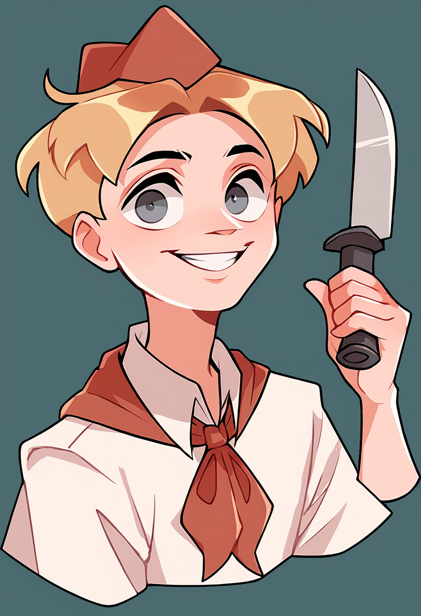 score_9, score_8_up, score_7_up, best quality, highres, blonde hair, solo, shirt, white shirt, simple background, short hair, upper body, 1boy, neckerchief, grey eyes, hat, red neckerchief, smile, holding knife, looking at viewer, <lora:VladikVk_stikersÐÐ»Ð°Ð´Ð¸Ðº:1>