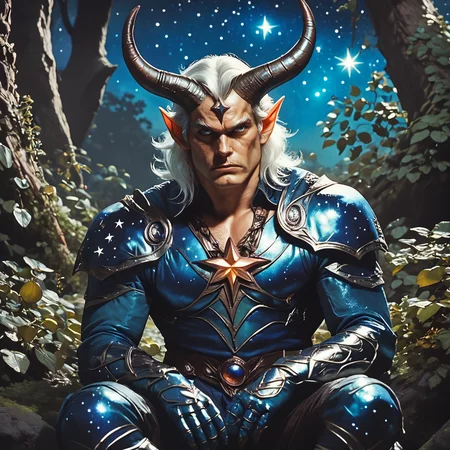 core_9, score_8_up, score_7_up, score_6_up, <lora:80sFantasyMoviePony2:1> ArsMovieStill, 80s Fantasy Movie Still, The image is a digital illustration of a man sitting on a rock in a forest. He is wearing a full suit of armor with horns on his head and a star-shaped necklace around his neck. The armor is made of metal and has intricate designs and patterns. The man has long white hair and is looking off to the side with a serious expression on his face. The background is filled with trees and bushes and the sky is dark and starry. The overall mood of the image is ominous and mysterious., 1boy, male focus, horns, solo, pointy ears, armor, tree, gauntlets, white hair, sitting
