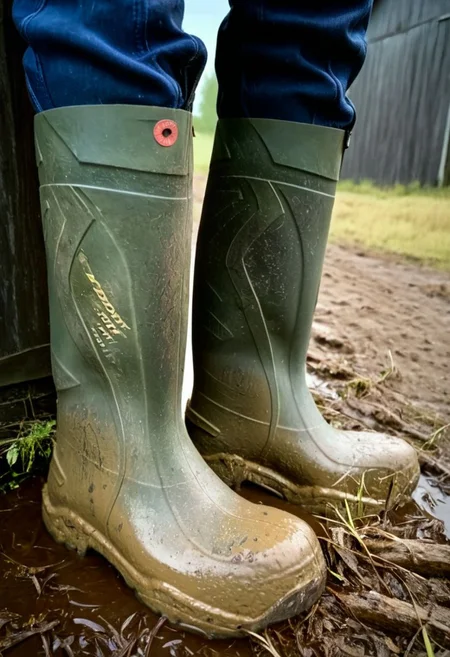 close up photograph of a dirty rubber boots in front of an old rusty dark barn, 50mm . cinematic 4k epic detailed 4k epic detailed photograph shot on kodak detailed cinematic hbo dark moody, 35mm photo, grainy, vignette, vintage, Kodachrome, Lomography, stained, highly detailed, found footage