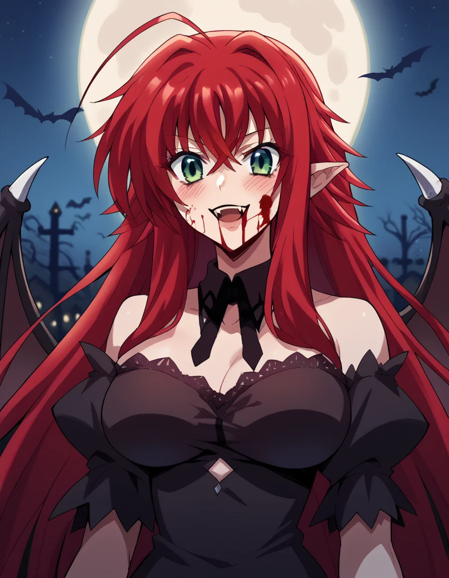 score_9, score_8_up, score_7_up, source_anime, <lora:rias-gremory-ponyxl-lora-nochekaiser:1>, rias gremory, huge ahoge, long hair, hair between eyes, green eyes, red hair, large breasts, <lora:vampire-ponyxl-lora-nochekaiser:1>, vampire, red eyes, pointy ears, fangs, black dress, wings, blood, blood on face, blood on mouth, bat (animal), halloween, halloween costume, upper teeth only, night, moon, blush, smile, open mouth,, looking at viewer