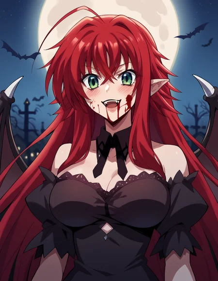 score_9, score_8_up, score_7_up, source_anime, <lora:rias-gremory-ponyxl-lora-nochekaiser:1>, rias gremory, huge ahoge, long hair, hair between eyes, green eyes, red hair, large breasts, <lora:vampire-ponyxl-lora-nochekaiser:1>, vampire, red eyes, pointy ears, fangs, black dress, wings, blood, blood on face, blood on mouth, bat (animal), halloween, halloween costume, upper teeth only, night, moon, blush, smile, open mouth,, looking at viewer