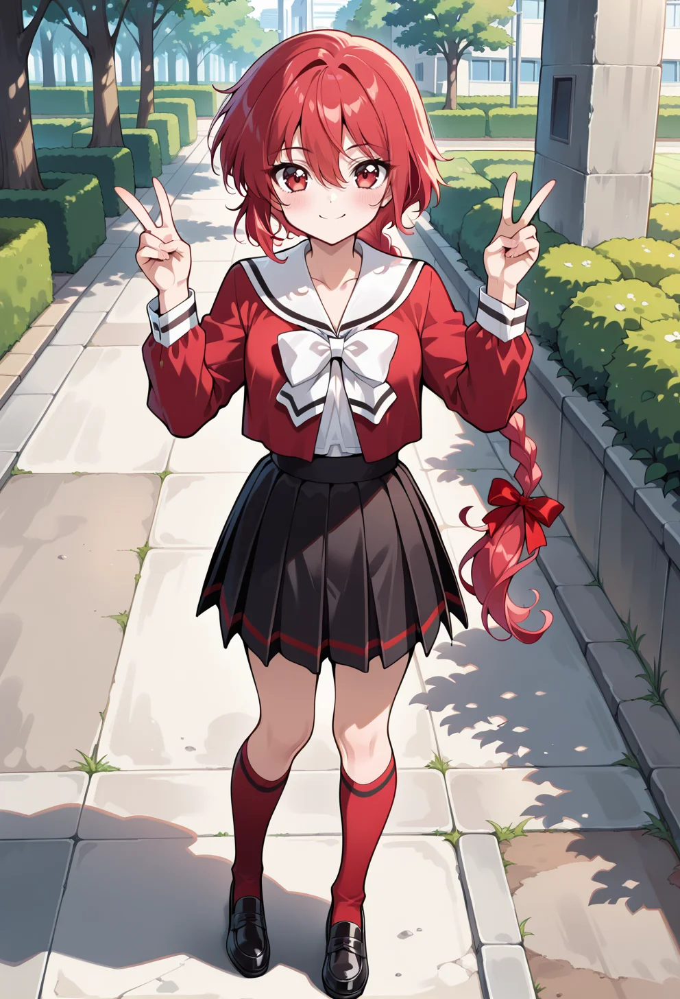 masterpiece, best quality, high quality, anime, solo, <lora:AEHikaruillx:1>
AEHikaru, red eyes, red hair, braided ponytail, hair between eyes, hair ribbon, long braid, long hair, single braid, school uniform, serafuku, white bowtie, white sailor collar, red shirt, red bow, ribbon, long sleeves, black skirt, pleated skirt, kneehighs, red socks, black footwear,
full body, smile, standing, double v, outdoors,