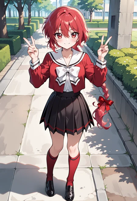 masterpiece, best quality, high quality, anime, solo, <lora:AEHikaruillx:1>
AEHikaru, red eyes, red hair, braided ponytail, hair between eyes, hair ribbon, long braid, long hair, single braid, school uniform, serafuku, white bowtie, white sailor collar, red shirt, red bow, ribbon, long sleeves, black skirt, pleated skirt, kneehighs, red socks, black footwear,
full body, smile, standing, double v, outdoors,