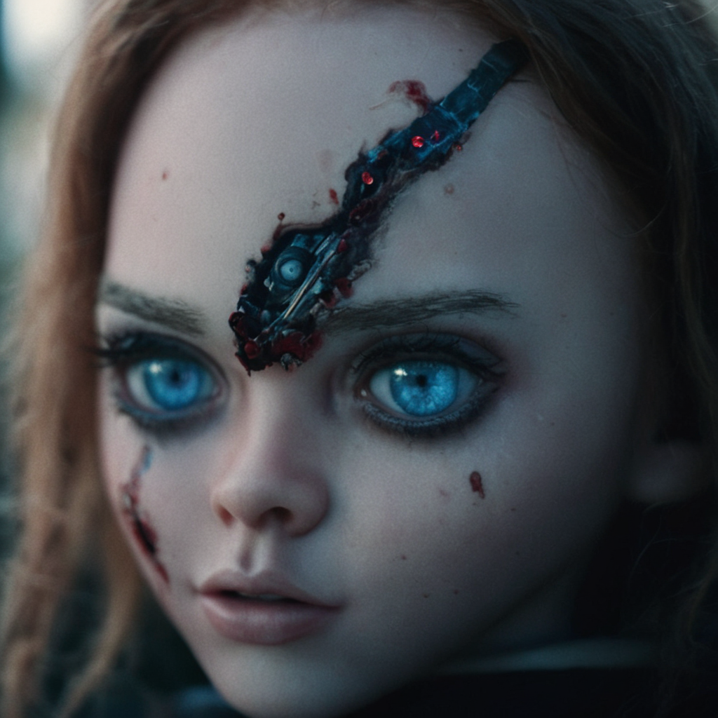 cinematic film still of  <lora:M3GAN:1>
M3GAN a close up of a person's eye with a bloody face,sinister,villain,cyborg doll,1girl,solo,looking at viewer,blue eyes,1boy,male focus,close-up,freckles,realistic,eye focus, shallow depth of field, vignette, highly detailed, high budget, bokeh, cinemascope, moody, epic, gorgeous, film grain, grainy