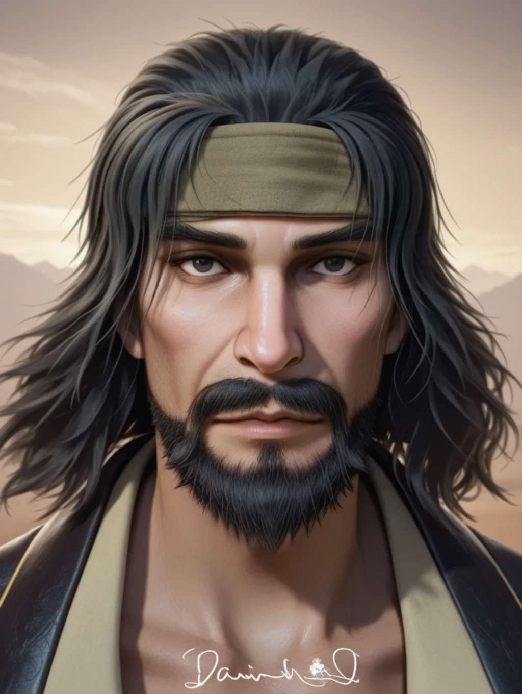 tanghao, facial hair, headband, black hair, realistic, mustache, masterpiece, best quality, amazing quality, newest