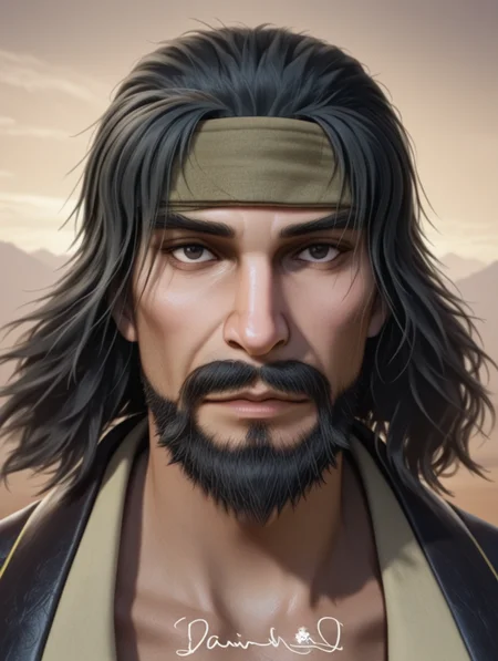 tanghao, facial hair, headband, black hair, realistic, mustache, masterpiece, best quality, amazing quality, newest