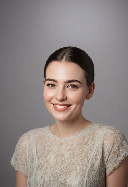 30yo american woman in a photostudio
Modeling High cut, high Quality Dress.
Slight makeup, heavy rimmel. Clear skin.  realistic skin style
Long dark black slick back hair. 
Shooting light, indors, cable light
Studio background.
Winking left eye. Smiling.
Bokeh. Heavy Bokeh light.