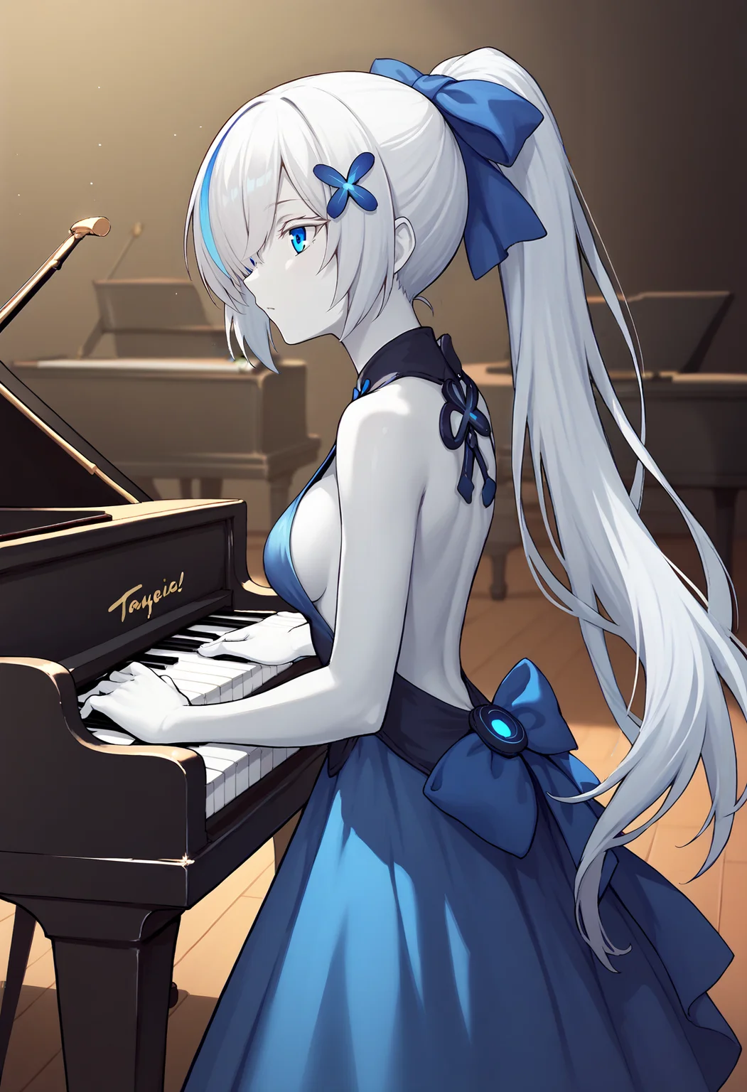 score_9, score_7_up, BREAK, backless dress, piano, playing instrument, stage, from side,
<lora:tbazurlanev2:1>, white skin, blue eyes, multicolored hair, streaked hair, colored eyelashes, tbtypel, long hair, ponytail, hair over one eye, medium breasts, hair ornament, hair bow, blue bow