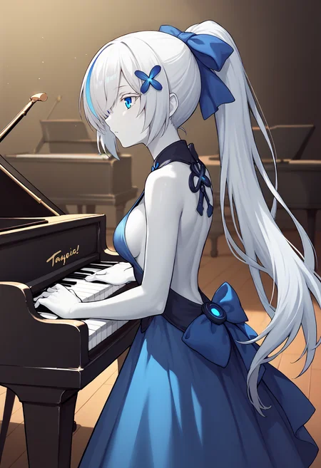 score_9, score_7_up, BREAK, backless dress, piano, playing instrument, stage, from side, 
<lora:tbazurlanev2:1>, white skin, blue eyes, multicolored hair, streaked hair, colored eyelashes, tbtypel, long hair, ponytail, hair over one eye, medium breasts, hair ornament, hair bow, blue bow