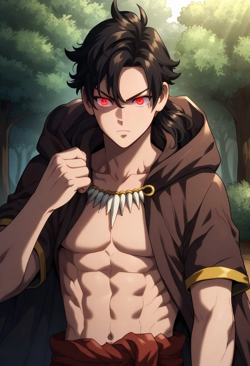 score_9, score_8_up, score_7_up, source_anime, highly detailed,
vikir, 1boy, male focus, solo, black hair, ponytail, long hair, red eyes, abs, pectorals, jewelry, tooth necklace, cloak, brown cloak, open cloak, short sleeves, hood, upper body, fight stance, glowing eyes, serious,
outdoor, forest. shadows,