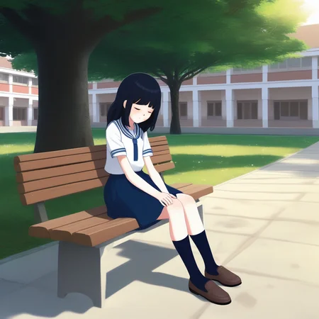 great quality,(almic,akakura,ogipote,dikko:0.7), (sincos:0.6)  school courtyard,brown bench,white school building, 1girl,solo,black hair,medium hair,sleeping,1girl lying on bench,legs,tree,grass,while shirt,dark blue skirt,laying on back, closed eyes, black socks,loafers