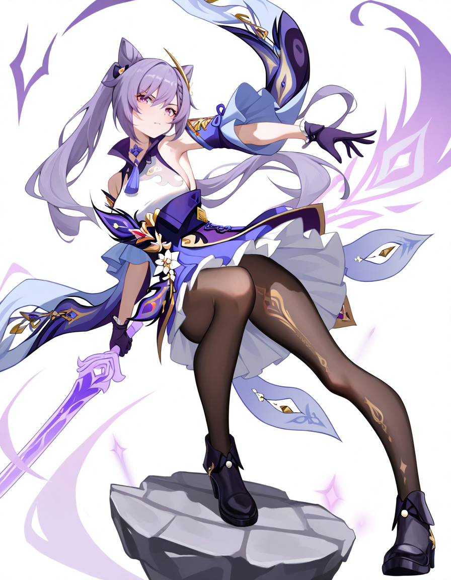 1girl, keqing \(genshin impact\), 
ruozhishi, looking at viewer, solo, twintails, sword, purple eyes, skirt, long hair, purple dress, hair bun, medium breasts, purple gloves, pantyhose, black pantyhose, breasts, simple background, gloves, black footwear, purple hair, closed mouth, boots, holding weapon, weapon, standing, full body, holding, frills, white background, holding sword, dress, wide sleeves, cone hair bun, frilled skirt, standing on one leg, long sleeves, double bun,
masterpiece, best quality, very aesthetic, newest, absurdres, incredibly absurdres
 <lora:ruozhishi:1>