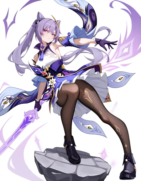 1girl, keqing \(genshin impact\), 
ruozhishi, looking at viewer, solo, twintails, sword, purple eyes, skirt, long hair, purple dress, hair bun, medium breasts, purple gloves, pantyhose, black pantyhose, breasts, simple background, gloves, black footwear, purple hair, closed mouth, boots, holding weapon, weapon, standing, full body, holding, frills, white background, holding sword, dress, wide sleeves, cone hair bun, frilled skirt, standing on one leg, long sleeves, double bun,
masterpiece, best quality, very aesthetic, newest, absurdres, incredibly absurdres
 <lora:ruozhishi:1>