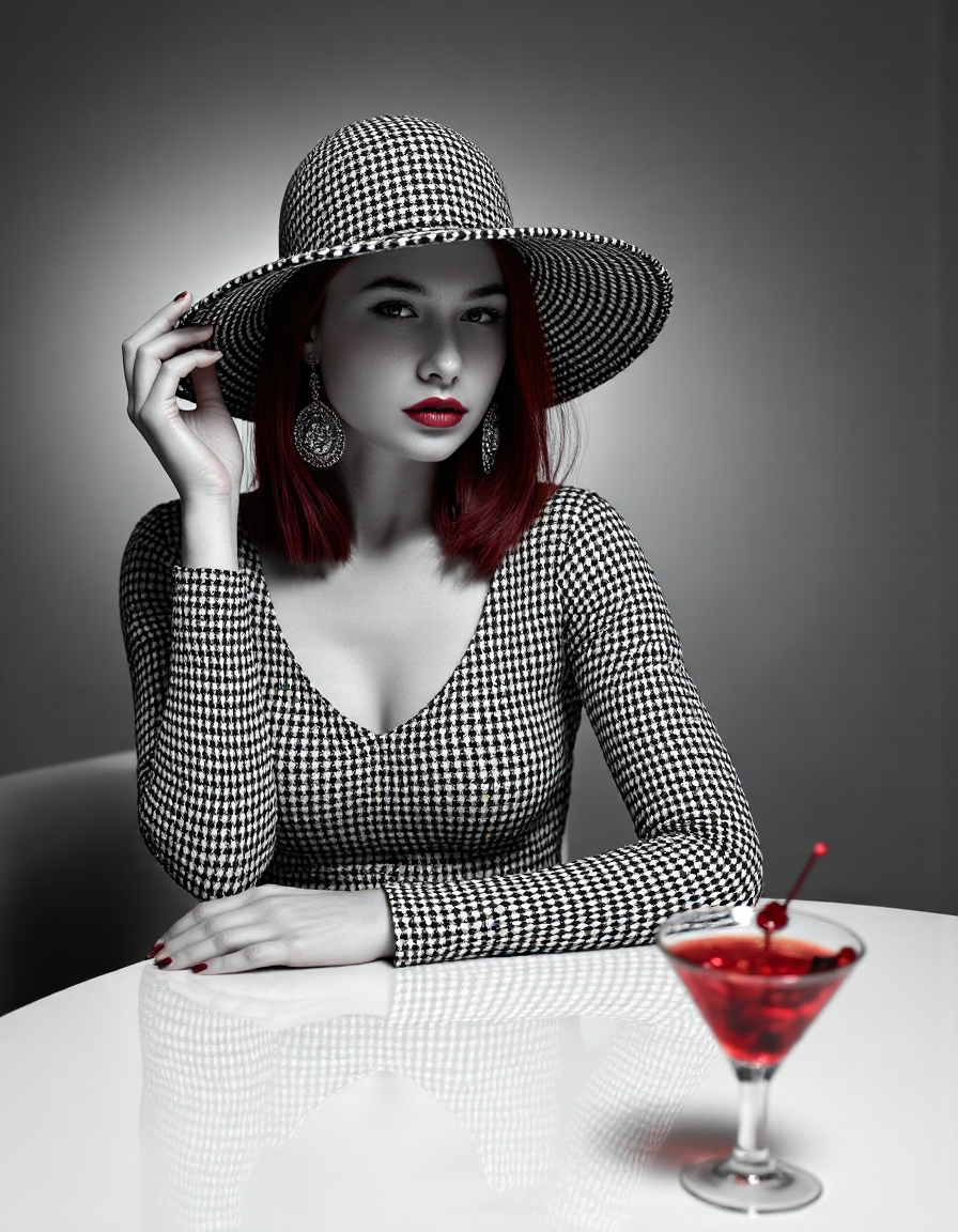 A high-fashion, studio-shot black and white photo featuring a 33 years old red hair Hungarian woman seated at a modern, white, reflective table. She is elegantly dressed in a houndstooth-patterned dress with long sleeves and a high neckline. Her face is partially obscured by a large, circular flat, houndstooth-patterned hat that matches her dress, creating an air of mystery. The image is primarily in black and white, and shades of gray, with selective color highlights: deep red hair, deep red lips, matching red earrings, and a red cocktail in a martini glass. The background is a smooth gradient of gray, with soft, directional studio lighting casting gentle shadows and enhancing the texture of the houndstooth pattern. The womanâs poised posture and the minimalistic setting contribute to a sophisticated, modern aesthetic. Light and shadows that add texture and depth to the photo .professional photo, Nikon Z9 35mm. Analog photo. photorealism <lora:Surreal_Photo:0.75> <lora:scg-anatomy-female-v2:0.7> <lora:35mm_joycap:0.65> <lora:MidjourneyV6.1:0.5>