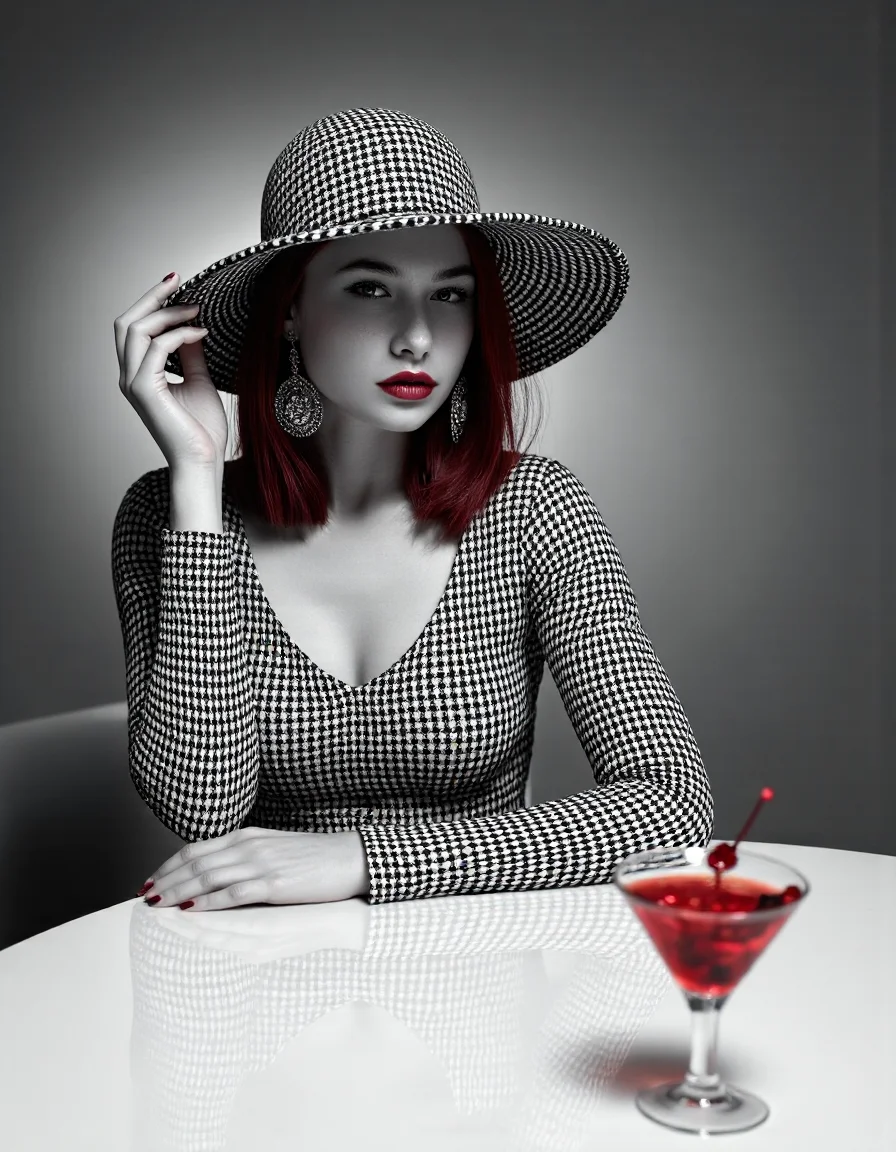 A high-fashion, studio-shot black and white photo featuring a 33 years old red hair Hungarian woman seated at a modern, white, reflective table. She is elegantly dressed in a houndstooth-patterned dress with long sleeves and a high neckline. Her face is partially obscured by a large, circular flat, houndstooth-patterned hat that matches her dress, creating an air of mystery. The image is primarily in black and white, and shades of gray, with selective color highlights: deep red hair, deep red lips, matching red earrings, and a red cocktail in a martini glass. The background is a smooth gradient of gray, with soft, directional studio lighting casting gentle shadows and enhancing the texture of the houndstooth pattern. The womanâs poised posture and the minimalistic setting contribute to a sophisticated, modern aesthetic. Light and shadows that add texture and depth to the photo .professional photo, Nikon Z9 35mm. Analog photo. photorealism <lora:Surreal_Photo:0.75> <lora:scg-anatomy-female-v2:0.7> <lora:35mm_joycap:0.65> <lora:MidjourneyV6.1:0.5>