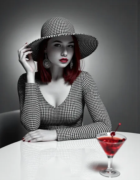 A high-fashion, studio-shot black and white photo featuring a 33 years old red hair Hungarian woman seated at a modern, white, reflective table. She is elegantly dressed in a houndstooth-patterned dress with long sleeves and a high neckline. Her face is partially obscured by a large, circular flat, houndstooth-patterned hat that matches her dress, creating an air of mystery. The image is primarily in black and white, and shades of gray, with selective color highlights: deep red hair, deep red lips, matching red earrings, and a red cocktail in a martini glass. The background is a smooth gradient of gray, with soft, directional studio lighting casting gentle shadows and enhancing the texture of the houndstooth pattern. The womanâs poised posture and the minimalistic setting contribute to a sophisticated, modern aesthetic. Light and shadows that add texture and depth to the photo .professional photo, Nikon Z9 35mm. Analog photo. photorealism <lora:Surreal_Photo:0.75> <lora:scg-anatomy-female-v2:0.7> <lora:35mm_joycap:0.65> <lora:MidjourneyV6.1:0.5>