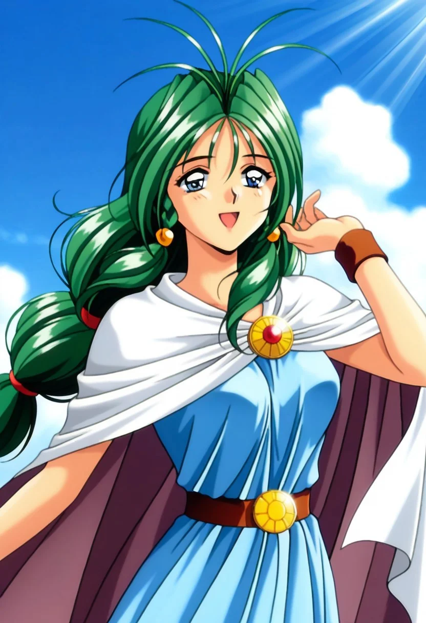 masterpiece, best quality, amazing quality, very aesthetic, high resolution, 1girl, cowboy shot, anime-style, digital art, high resolution, cute girl, smiling, sunlight, bright, clear sky, blue sky, clouds, daytime, outdoor, wind blowing her hair, dynamic pose, cheerful mood, light reflections, detailed background, high quality, beautiful, attractive, light rays, bright lighting, sky, joyful, happy, energetic, bright atmosphere, detailed shading, anime aesthetics, vibrant, lively, braid, jewelry, belt, cape, blue dress, wristband, retro artstyle, 1990s \(style\),
clairemm, blue eyes, green hair, antenna hair, long hair, low-tied long hair, hair bobbles, medium breasts, mature female,