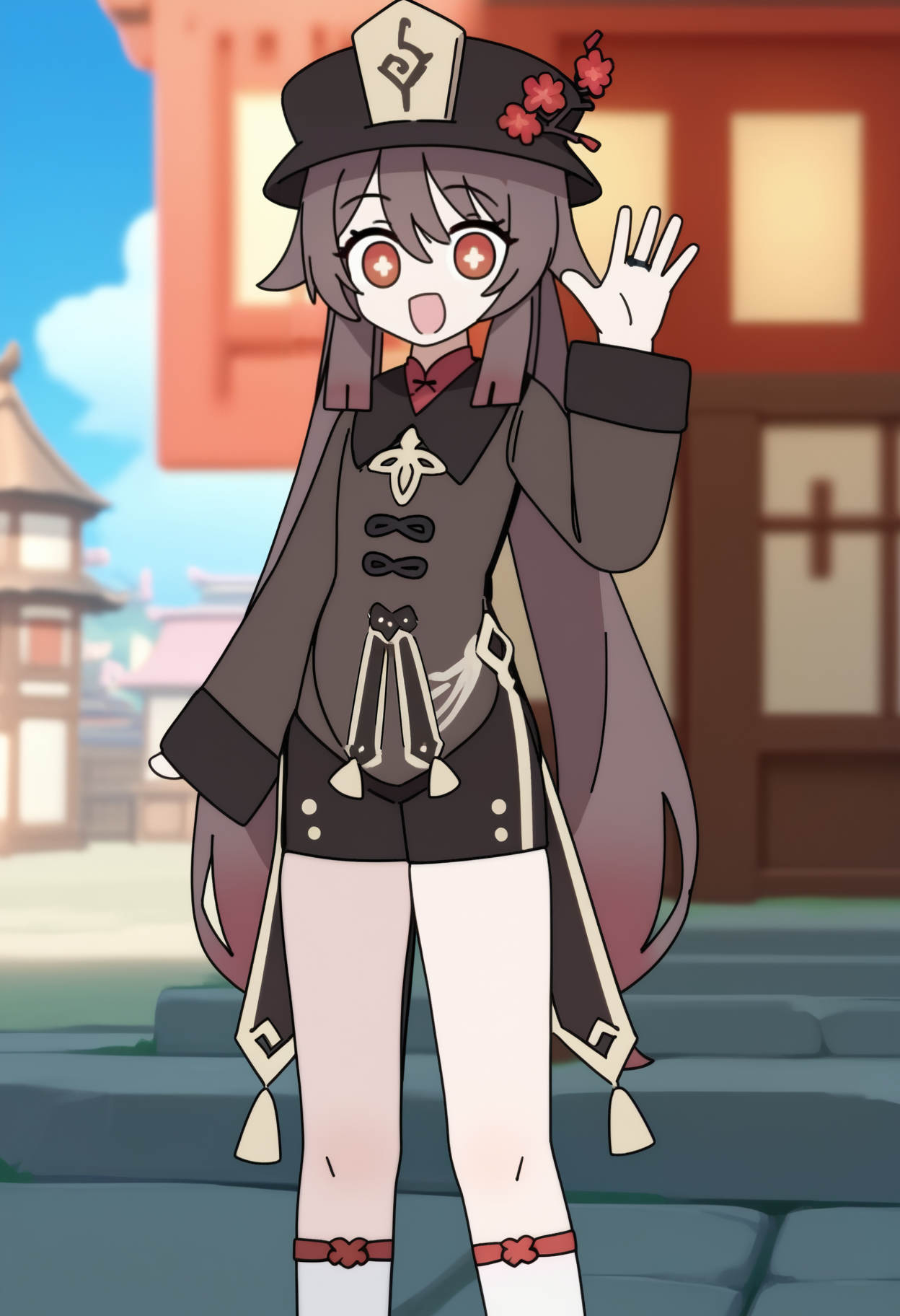 score_9, score_7_up, <break> solo, 1girl, hu tao \(genshin impact\), smile, open mouth, looking at you, standing, waving, porkpie hat, chinese clothes, shorts, outdoors, town
 <segment:yolo-face_yolov8m.pt,0.4,0.5//cid=1>
