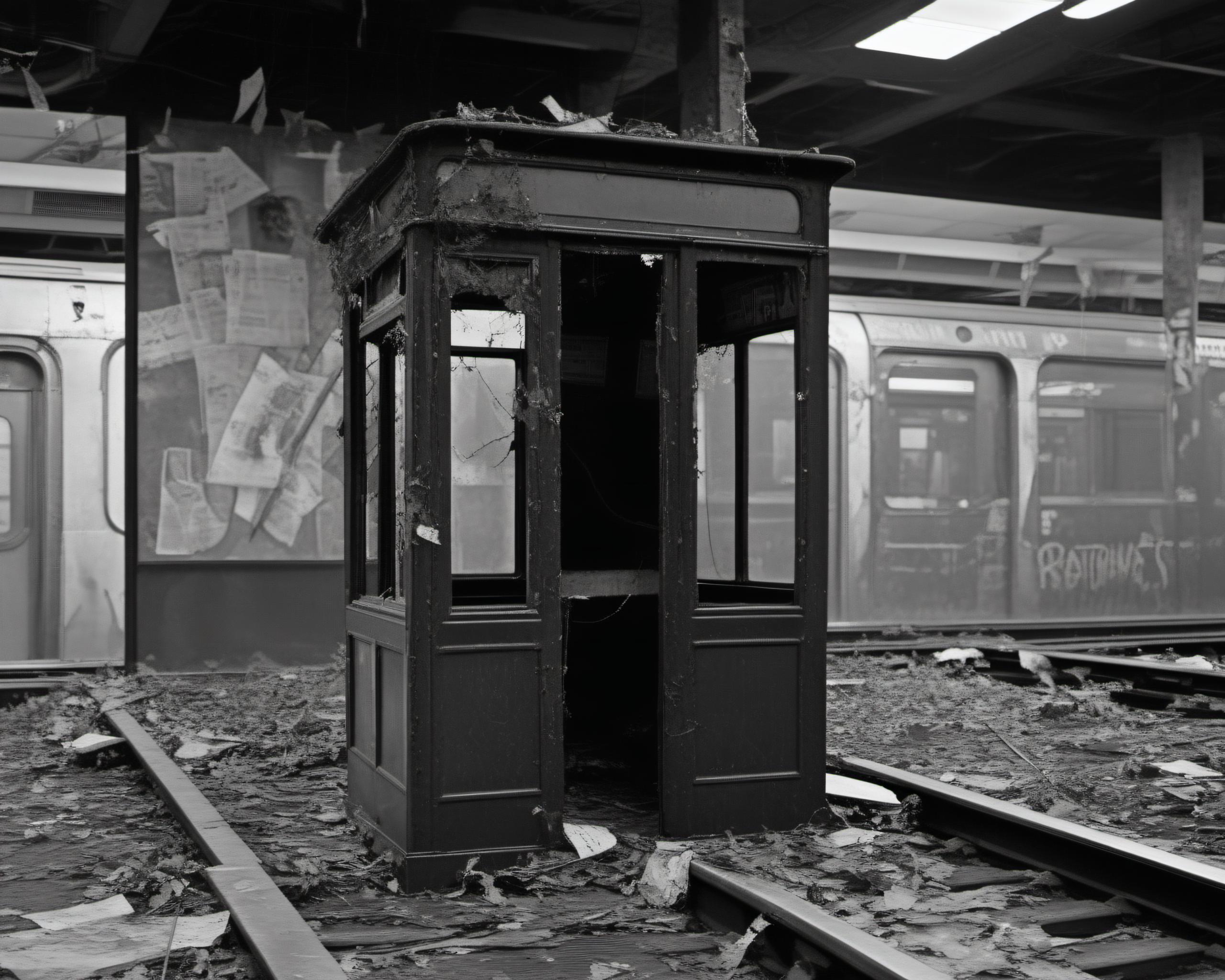 inside a post-apocalyptic subway station, empty overgrown platform, rusted train, shattered ticket booth, torn subway map.  , by Robert Frank, SZ_4poXL enviroment   <lora:Post ApocalypticXL_v2:0.6>